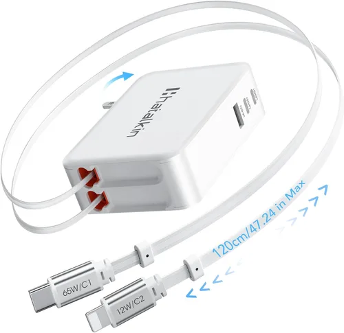 Vista 12 de 65W para cargador MacBook Pro, enchufe de pared retráctil de 5 en 1 para iPhone 17, cable PD USB C de 1,2 m de doble longitud y 3 puertos, bloque