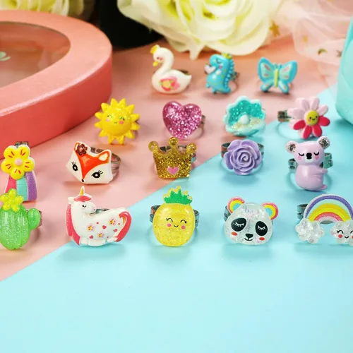 Vista 3 de PinkSheep Little Girl Jewel Rings Pink,Adjustable Princess Ring Set in Gift Box,Kids Dress Up Rings for Ages 3-12 with Butterfly, Fox, Rainbow