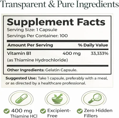Vista 2 de Dr Clark Store Suplemento de tiamina con vitamina B1 - 400 mg, 100 cápsulas