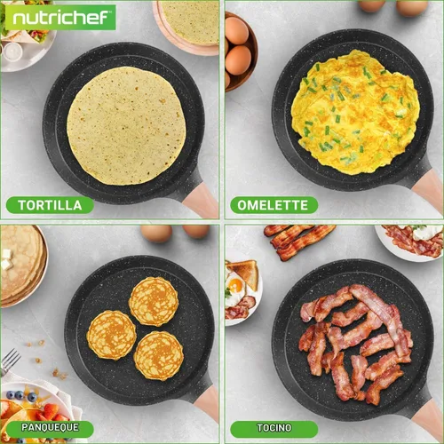 Vista 3 de NutriChef - Sartén para crepes de 24 cm (9.45 pulgadas) antiadherente con esparcidora de madera, sartén Dosa de mármol recubierto duradero, mango