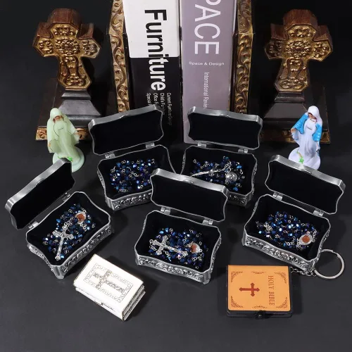 Vista 6 de Rosario católico para mujer con caja de rosario, collar de rosario de cuentas de cristal azul con caja de joyería vintage de la última cena, cuentas