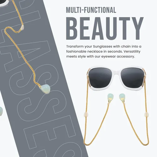 Vista 4 de Loom&Pearl Gafas de sol con patillas de cadena, colgantes de piedra únicos, lentes de cadena con agarre antideslizante en las orejas Pince-nez