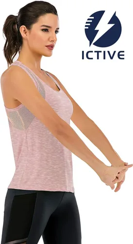 Vista 5 de ICTIVE - Camiseta sin mangas de entrenamiento para mujer, ajuste holgado, malla de yoga, espalda cruzada, espalda abierta Albaricoque