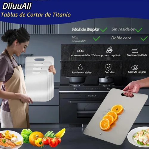 Vista 2 de Tablas de cortar de titanio para cocina, tabla de cortar de acero inoxidable de doble cara, diseño colgable, fácil de limpiar, duradera y resistente