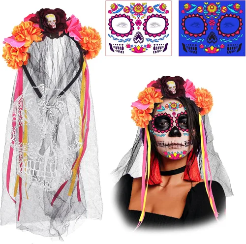 Vista 3 de KEPATO 2 diademas para el Día de los Muertos, corona de flores mexicanas con tatuaje facial para mujeres, Día de los Muertos