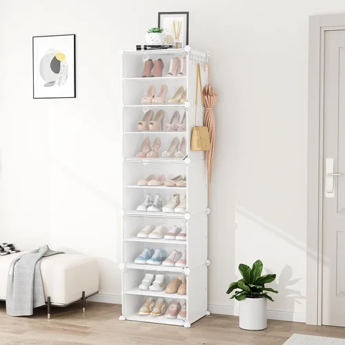Vista 2 de Zapatero de 10 niveles para almacenamiento de 20 pares de zapatos con puerta, organizador de zapatos alto de plástico, libre de pie, expandible