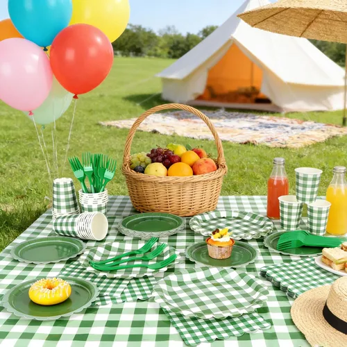 Vista 7 de Suministros de fiesta de cuadros verdes, incluyen platos de papel festoneado desechables de 9 y 7 pulgadas, servilletas, vasos, tenedores, manteles