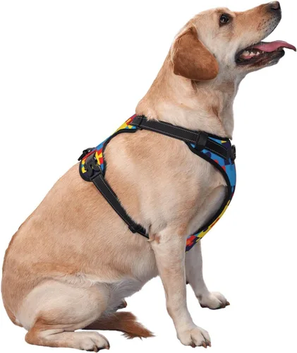 Vista 2 de Conjunto de arnés para perro, chaleco y correa, patrón de conciencia sobre el autismo, sin tirones, sin estrangulamiento, transpirable, reflectante