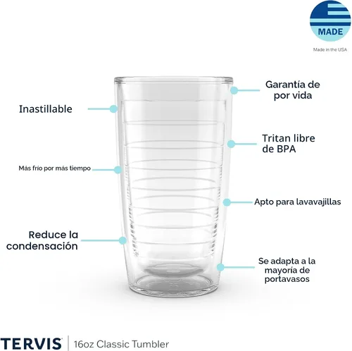 Vista 3 de Tervis Vaso aislado de mesa transparente y colorido fabricado en Estados Unidos con doble pared, taza de viaje que mantiene las bebidas frías
