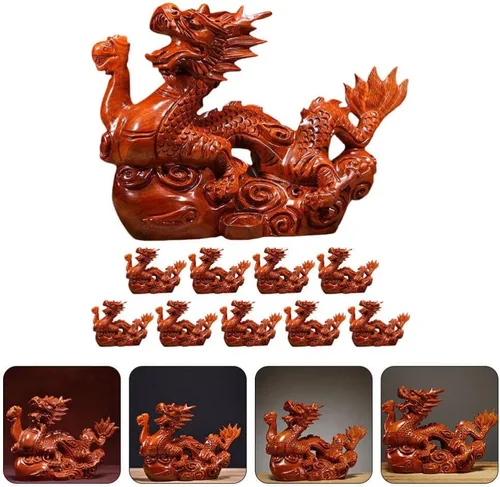 Vista 5 de Veemoon Estatua de madera de dragón chino Fengshui, 3.9 in, mini rojo 2024 Año del Dragón, escultura tallada a mano para decoración de estantes