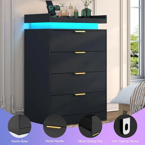 Vista 8 de UNIQUITE Cómoda negra con luces LED y toma de corriente, cómoda alta de madera con 4 cajones para dormitorio, cómoda moderna para dormitorio
