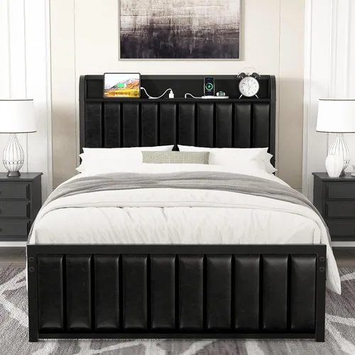 Vista 10 de VECELO Queen Bed Frame, Storage Upholstered Headboard with Charging Station, Platform Bedframe, Heavy Duty Metal Slats, No Box Spring Needed