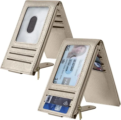 Vista 2 de Chelmon Billetera de mujer delgada con bloqueo RFID, billetera plegable con varios compartimientos para tarjetas con bolsillo con cierre, Dorado