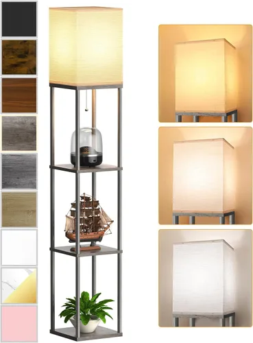 Vista 18 de Lámpara de pie con estantes para sala de estar color marrón nogal, lámpara de pie con estante con bombilla LED de 3 CCT, lámpara de columna de pie