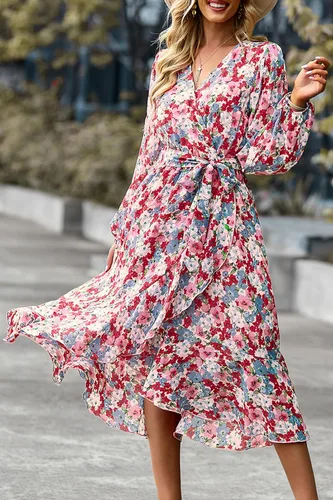 Vista 3 de PrettyGarden Vestido largo bohemio con estampado floral para mujer, manga larga, cuello en V cruzado, volantes, cinturón, acampanado, al tobillo