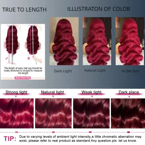 Vista 5 de Daphernew Pelucas de cabello humano ondulado sin pegamento, precortadas, densidad del 180 %, encaje frontal HD, color rojo cereza, peluca de cabello