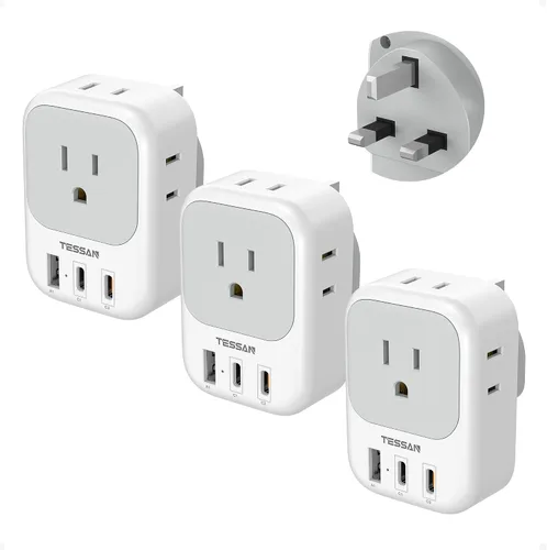 Vista 10 de TESSAN Adaptador de Enchufe de Viaje Europeo USB C Paquete de 3, Adaptador de Enchufe de EE.UU. a Europa con 4 Tomas de CA 3 Puertos de Carga USB