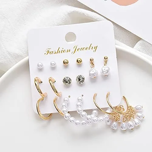 Vista 7 de Juego de 56 pares de aretes para mujer, aretes de aro de perla, varios aretes de tuerca, joyería simple y linda