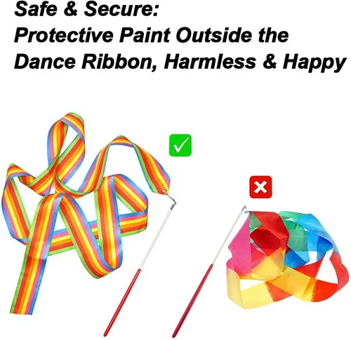 Vista 3 de Paquete de 4 cintas de baile de 6.6 ft, cintas de gimnasia rítmica con serpentinas de arco iris, varitas giratorias en palos para baile artístico
