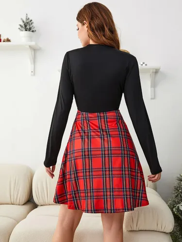 Vista 4 de JECEIKA Vestido acampanado de manga larga con cuello en V para mujer