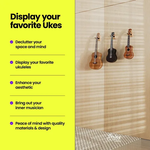 Vista 6 de String Swing Soporte de pared para ukelele para mandolina, ukelele, concierto, piña, soprano, tenor y barítono, kit alternativo para el hogar