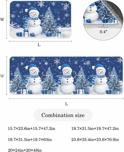 Vista 3 de Prime Leader Juego de 2 tapetes de cocina con diseño de muñeco de nieve de Navidad, copos de nieve, azul marino, antideslizantes, tapetes lavables