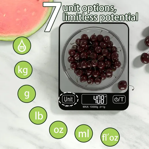 Vista 4 de Balanza digital de alimentos, 22.0 lbs/22 libras, peso para hornear, cocinar, Keto y preparación de comidas con 7 unidades, pantalla LCD de Negro