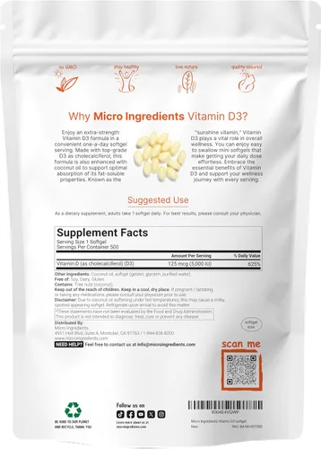 Vista 2 de Micro Ingredients Vitamina D3 5,000 UI, 500 cápsulas blandas Aceite de coco virgen Forma de colecalciferol Apoyo óseo, inmunológico y cardíaco