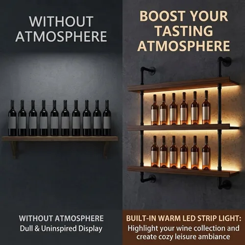 Vista 3 de Estantes de madera maciza para vino montados en la pared con luces LED, estante de exhibición de botellas de vino de metal moderno, estante flotante