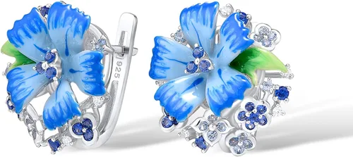 Vista 2 de Santuzza - Pendientes de plata de ley con flores esmaltadas y gemas de plata esterlina