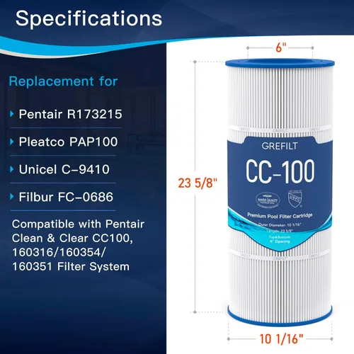 Vista 2 de Cartucho de filtro de piscina CC100, compatible con Pentair CC100, CCRP100, reemplaza a Pleatco PAP100, Unicel C-9410, Filbur FC-0686, Pentair