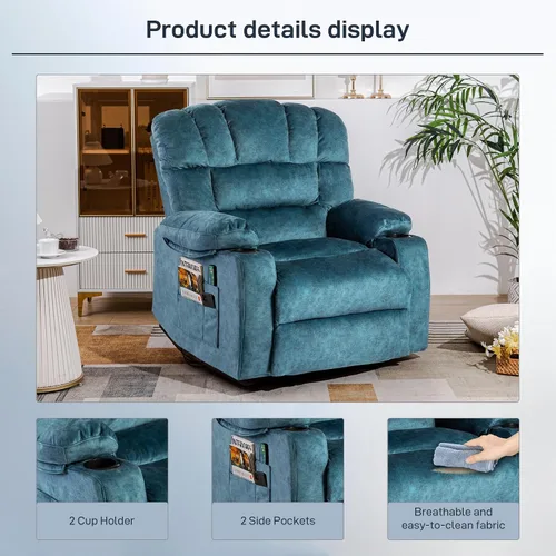 Vista 11 de Silla reclinable moderna ergonómica para sala de estar, sofá individual, con relleno de espuma, 2 portavasos y bolsillo lateral
