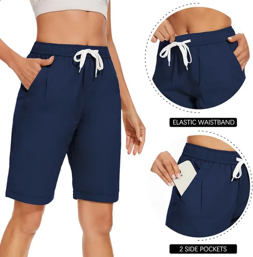 Vista 2 de Msmsse Bermudas hasta la rodilla para mujer, pantalones cortos largos de algodón para entrenamiento atlético y caminar