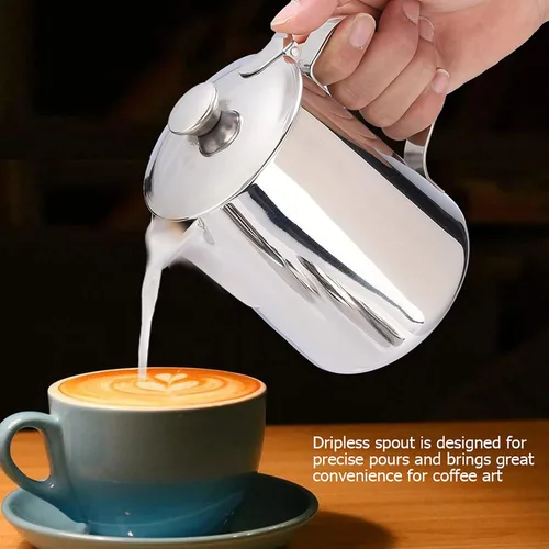 Vista 6 de Taza de café de acero inoxidable, jarra de espuma de leche con tapa para café con leche, jarra de espuma de leche de 11.8 fl oz, jarra de espuma