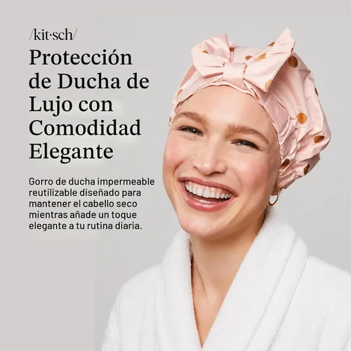 Vista 2 de Gorra de ducha Kitsch Luxe, reutilizable e impermeable, resistente al moho, forrada y acondicionada Blush Dot