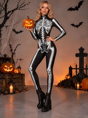 Vista 2 de Disfraz de esqueleto de calavera para mujer, overol de una pieza para Halloween Esqueleto gris-2