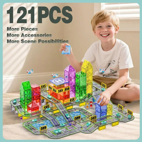 Vista 2 de Juego de 121 azulejos magnéticos para carretera con autos de retroceso. Azulejos magnéticos para construcción de edificios, juguetes con barco Negro