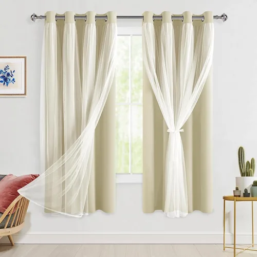 Vista 38 de Hiasan Cortinas opacas con superposición transparente, aislamiento térmico para mezclar y combinar de doble capa, cortinas de oscurecimiento de Beige