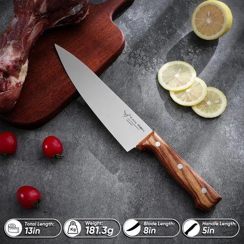 Vista 5 de TAN REN Cuchillo de chef japonés de 8 pulgadas, cuchillo gyuto de acero inoxidable, cuchillo japonés forjado a mano, cuchillos de chef de espiga