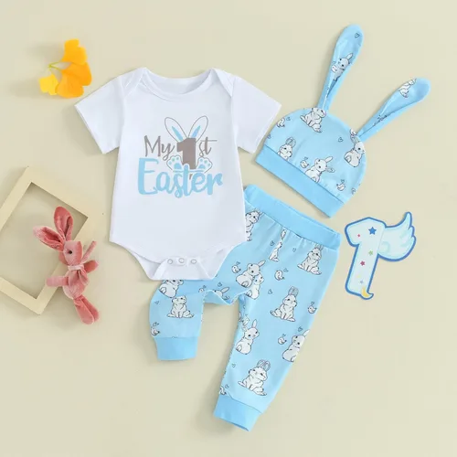 Vista 6 de Lamuusaa Traje de Pascua para recién nacido, niño y niña, mameluco de manga corta, estampado de conejo, pantalones largos, sombrero, 3 piezas