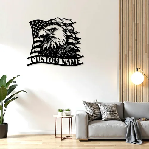 Vista 4 de Letrero de metal personalizado de águila y bandera estadounidense, arte de pared patriótico con nombre personalizado, decoración de hierro