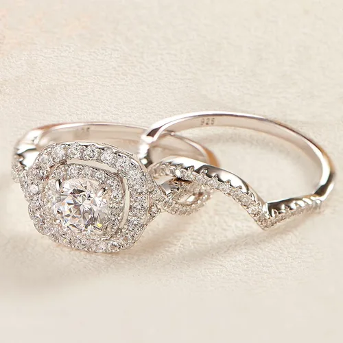 Vista 7 de Newshe - Juego de anillos de compromiso para mujer, plata esterlina 925 de 1.8 quilates, redondo, blanco, AAA Cz, tamaño 5-10