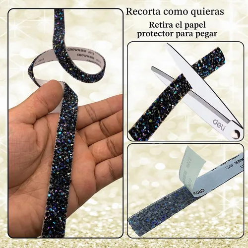 Vista 3 de Cinta autoadhesiva de resina negra con diamantes de imitación, 4 yardas, cinta de cristal brillante aplicable a bodas, cumpleaños, Navidad, fiestas