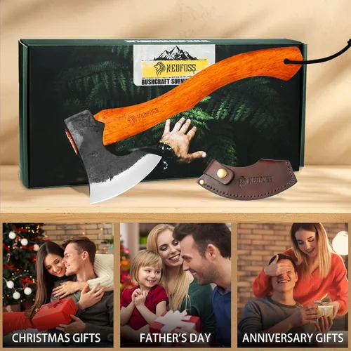 Vista 6 de NEDFOSS Hacha de Acampar Mammoth, Hacha de Camping de 15.5" con Acero de Alto Carbono 1065 y Mango de Madera, Hacha Multiusos para Camping