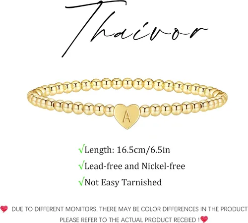 Vista 4 de Pulseras de oro para mujer, chapados en oro de 14 quilates, con cuentas de corazón con letras de corazón, pulsera elástica con iniciales doradas