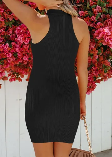 Vista 3 de Vestidos de verano sin mangas para mujer, estilo casual, cuello alto, punto acanalado, para salir de noche, club, fiesta, mini vestidos