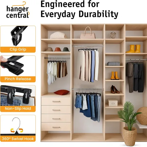Vista 5 de Paquete de 30 perchas para pantalones, perchas delgadas de plástico de 10 pulgadas con clips para faldas, pantalones, pantalones cortos, organizador