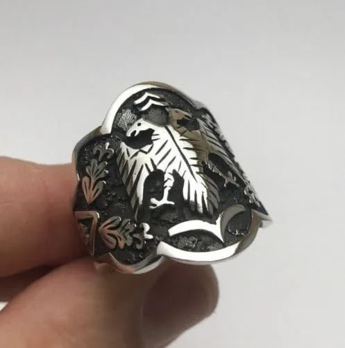 Vista 3 de argunjewellery Anillo de plata de ley 925K con dragón turco de doble cabeza (pulgar), Plata