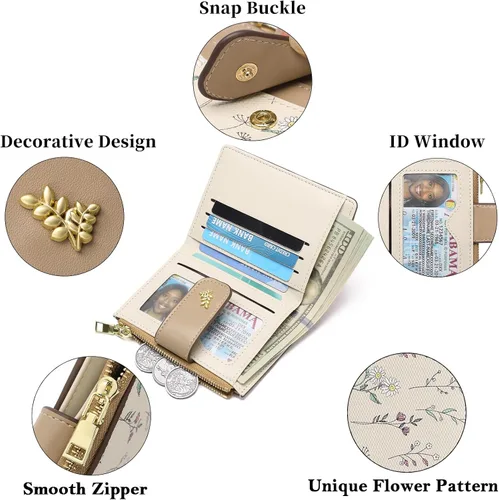 Vista 3 de Billeteras pequeñas para mujer, con bloqueo RFID, bolsillo con cremallera, tarjetero con ventana de identificación, Marrón, Slim
