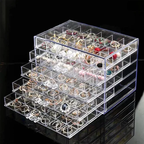 Vista 8 de CHADWICK Caja organizadora de joyas de acrílico con cajones de 5 capas y 120 rejillas, organizador transparente para aretes con tapa, caja